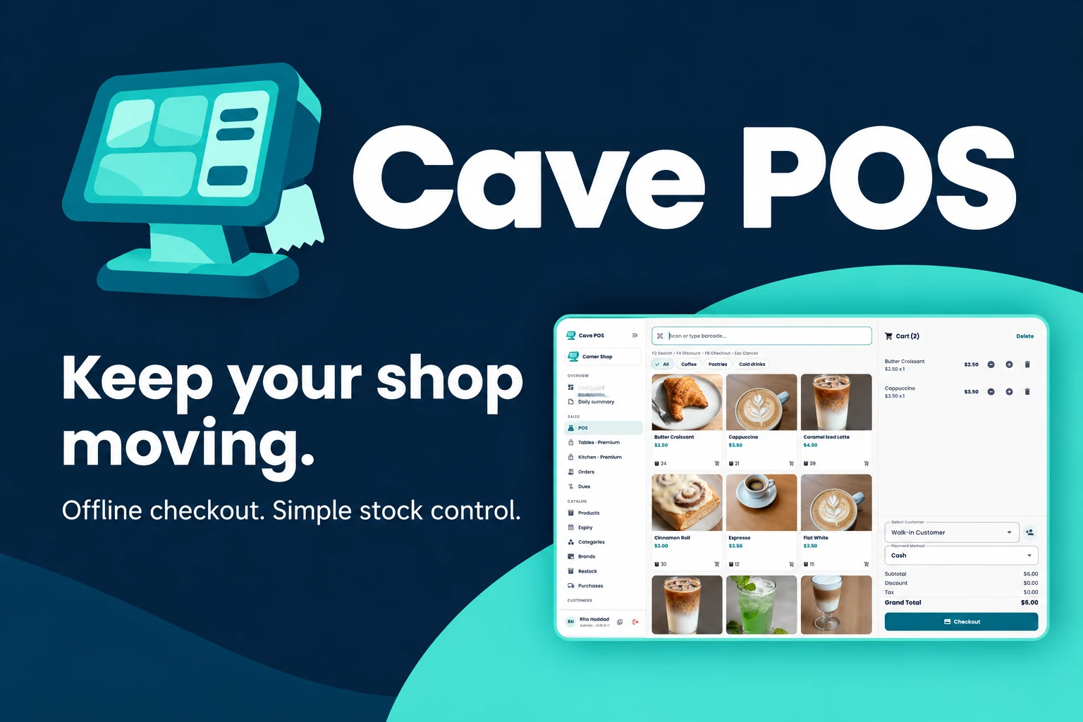 Cave POS promotional cover featuring its logo, headline, and application preview