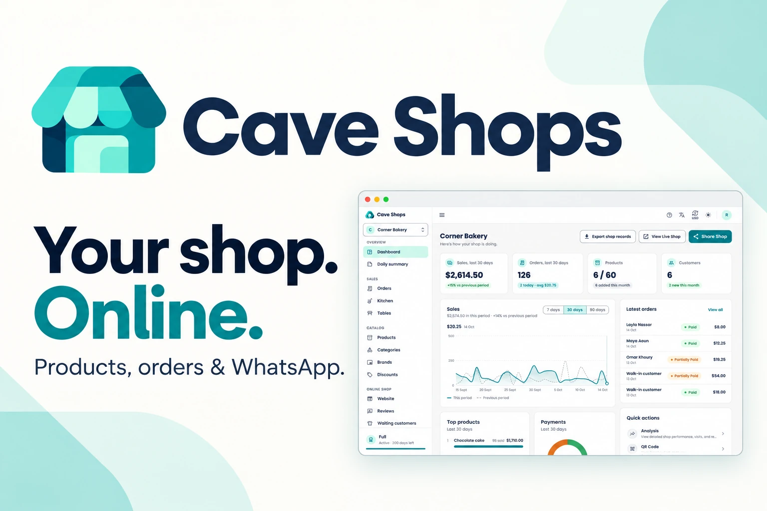 Cave Shops promotional cover featuring its logo, headline, and application preview