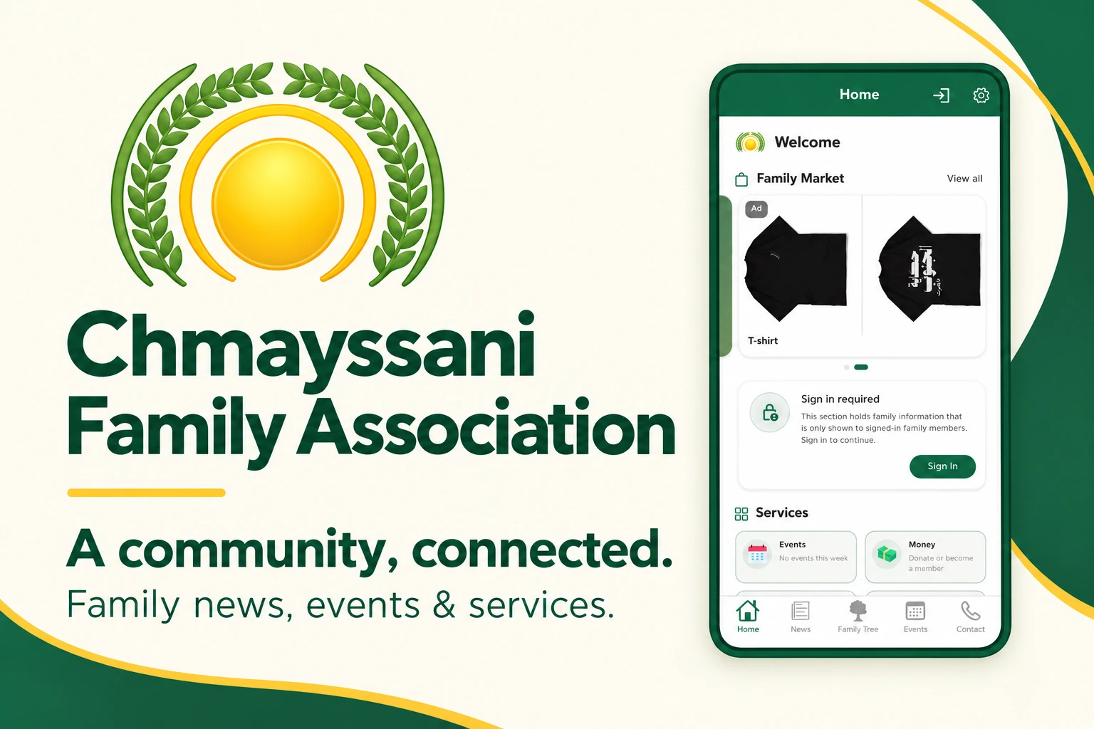 Chmayssani Family Association promotional cover featuring its logo, headline, and application preview